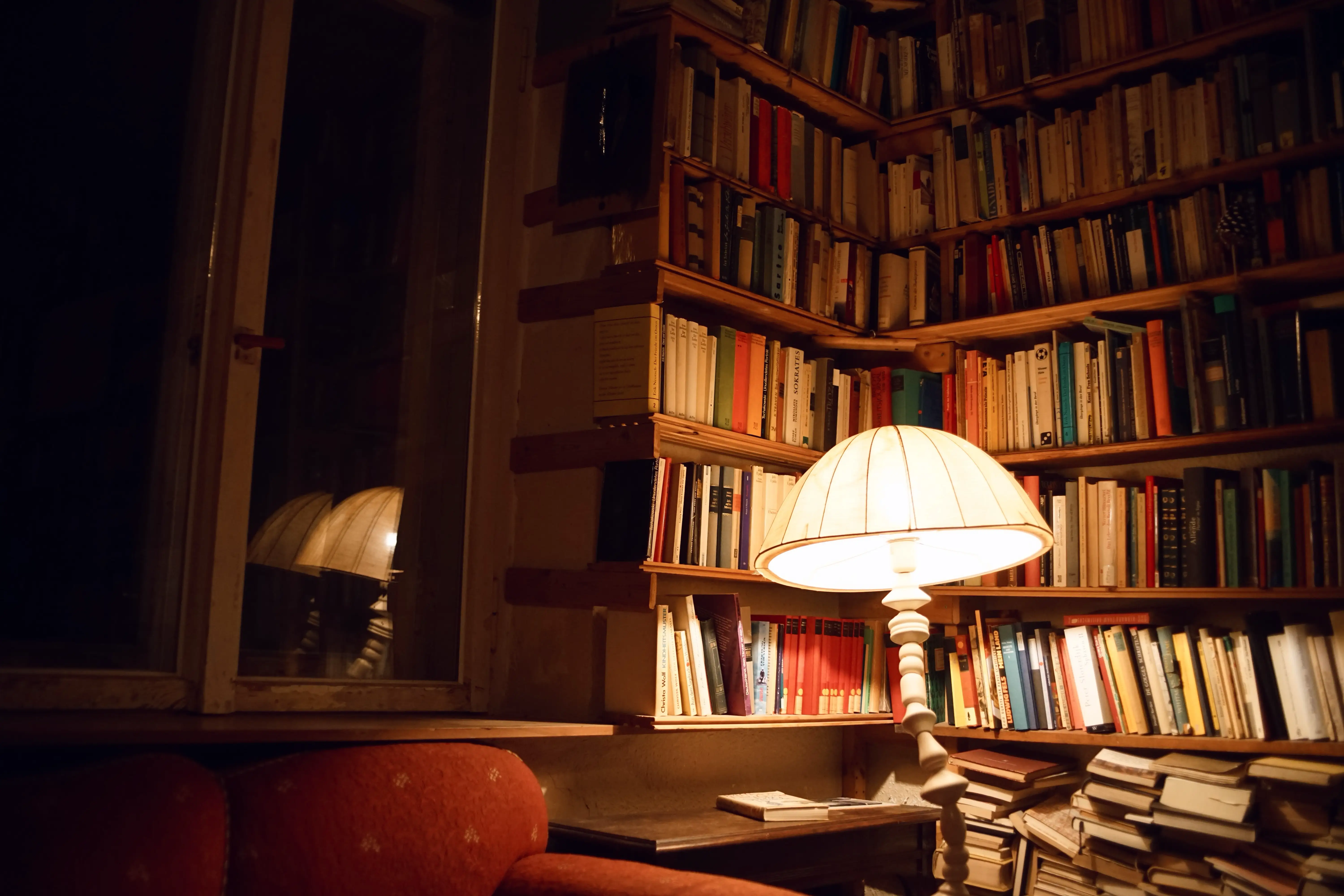 gemütliche leseecke mit sofa vor einer bücherwand